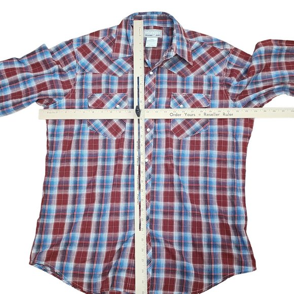 Wrangler Rancher Mens Button Shirt Red Plaid Long Sleeve Pearl Snap Size Large - Picture 6 of 9